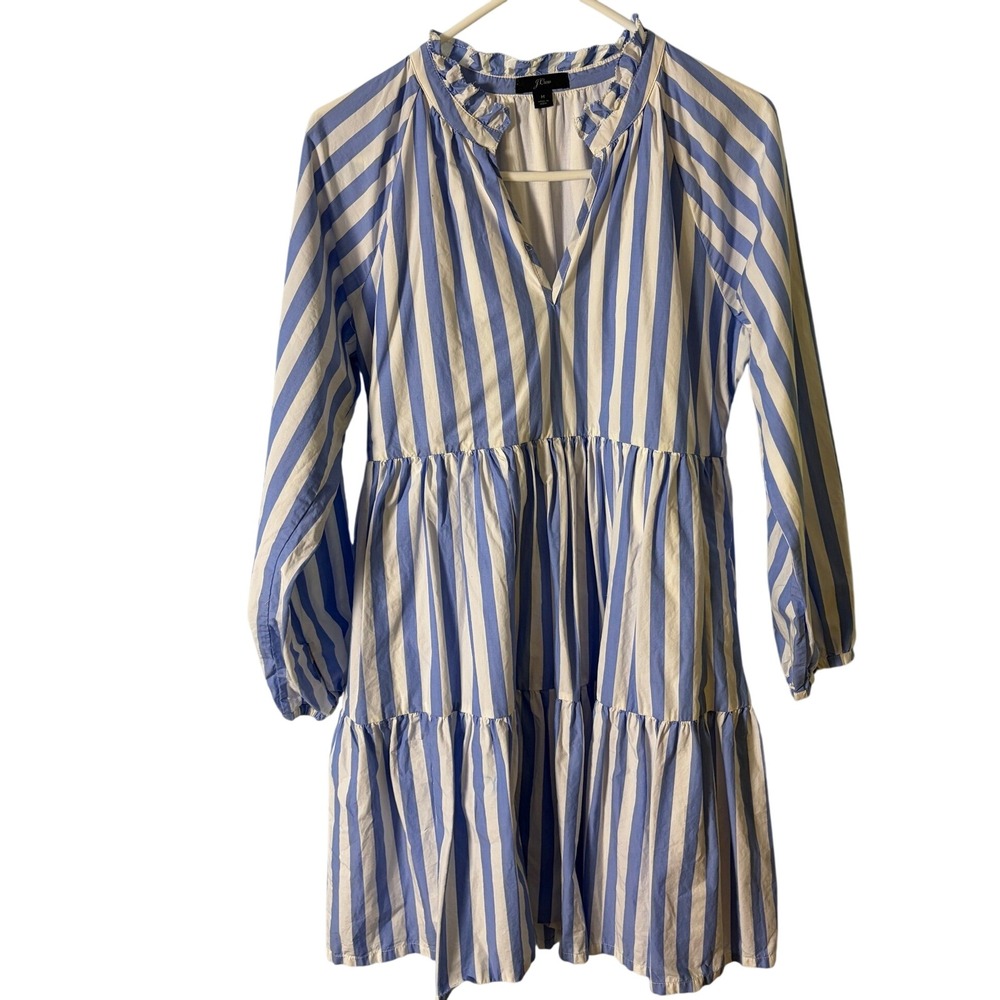 J Crew Womens Tiered Popover Dress Blue White Cotton Mini M Coastal Resort